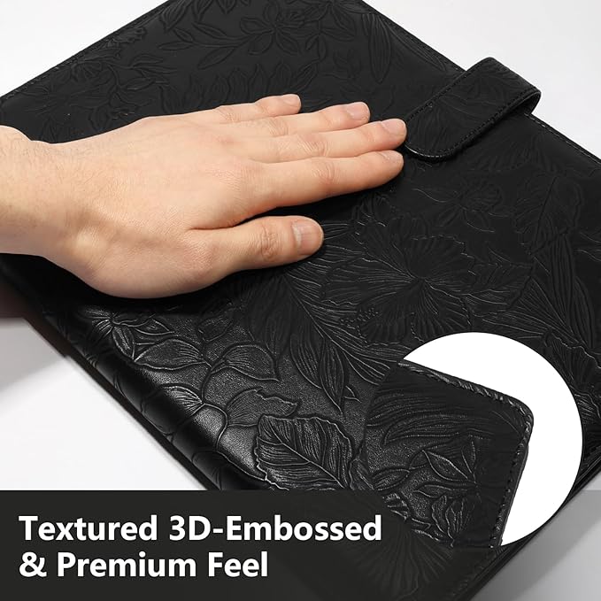 Professional Padfolio Portfolio Binder, Textured Embossing Faux Leather Folder Organizer for Letter Size Legal Pad Notepad Resume, Card Holder for Women Men Business Office Conference (Black)