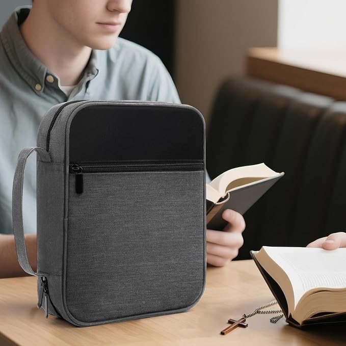 Bible Cover for Men Bible Book Cover Canvas Carrying Case Book Protector Case Large Bible Cover with Durable Handle Bible Study Supplies Accessories Christian Gifts (Black+Grey, Large)