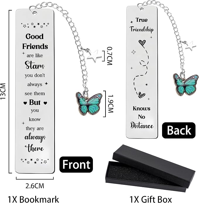 Long Distance - Stainless Steel Bookmark with Blue Enamel Butterfly Charm, Friendship Bookmarks for Book Lovers, Birthday, Graduation, Christmas, Keepsake