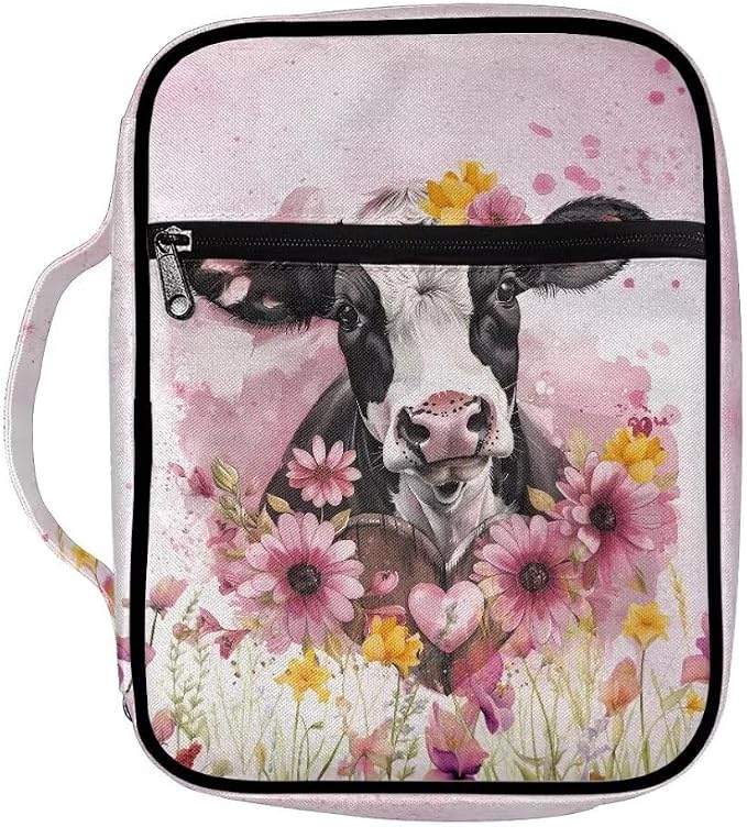 Coldinair Cow Bible Cover Case for Women,Pink Floral Carrying Book Cover Bible Holders with Handle and Zippered Pocket,Fits for Standard/Large Size Bible