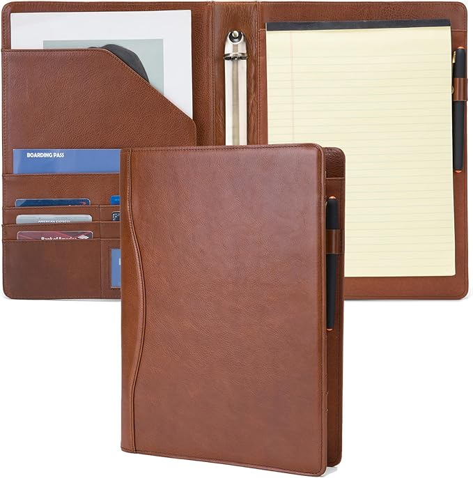 Genuine Leather 3 Ring Binder, 8.5 x 11 Letter Size Folio with Pen Holder, Soft Notebook Portfolio Cover, Slim Notepad Padfolio Thin File Organizer for Work Executive Meeting, Brown, Oil Tanned