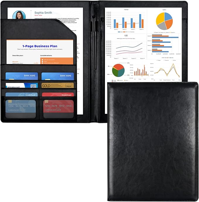 Cacturism Padfolio Portfolio Folder, Foldable Letter Size Writting Pad, PU Leather Professional Folio Organizer for Women - Resume Business Legal Document Holder for Job School Office, Black