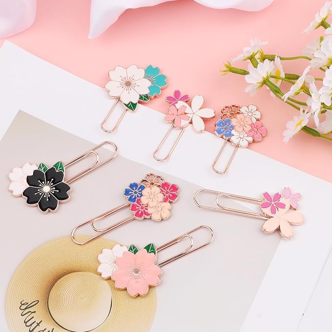 7 Pcs Cherry Blossom Cute Paper Clips, Pretty Book Decorative Paper Clips, Exquisite Rose Gold Metal Paper Clip with Unique Cherry Blossom Patterns for Bookmark Clamp Desk Stationery Accessories