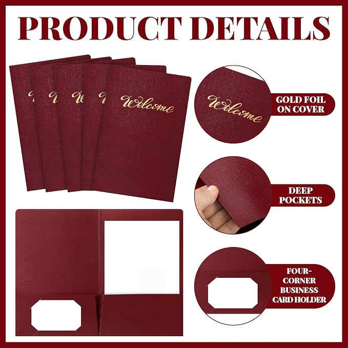 Affrolling 50 Pack 6 x 9 Inch Welcome Pocket Folders Church Visitor Welcome Folder Presentation Folder Employee File Folders for Weddings, Party, Conference, Seminars, Bar Mitzvah(Burgundy Linen)