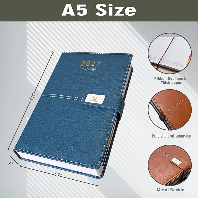 2027 Daily Planner - One Page per Day, 2027 Hourly Daily Calendar(Jan-Dec 2027), 5.7" x 8.26" Appointment Book, Leather Cover + Thick Paper (Blue)