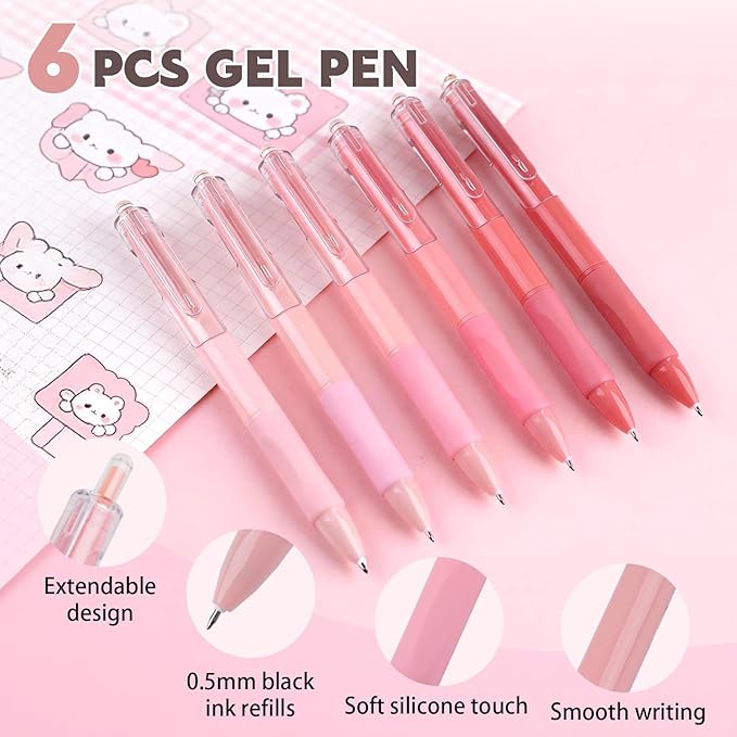 65Pcs Aesthetic School Supplies with Cute Pencil Case, 12 Pastel Highlighters, 10 Black Ink Gel Pens, Mechanical Pencils, Sticky Note Ruler Correction Tape for College Essentials Stationary Gift, Pink