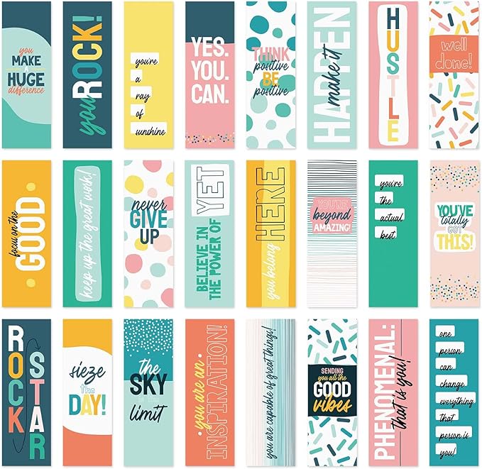 Modern Appreciation Bookmarks / 24 Uplifting Motivational Quotemarks Bulk Set / 2" x 6" Paper Bright Inspirational Affirmation Teen Bookmark Pack/Made in The USA