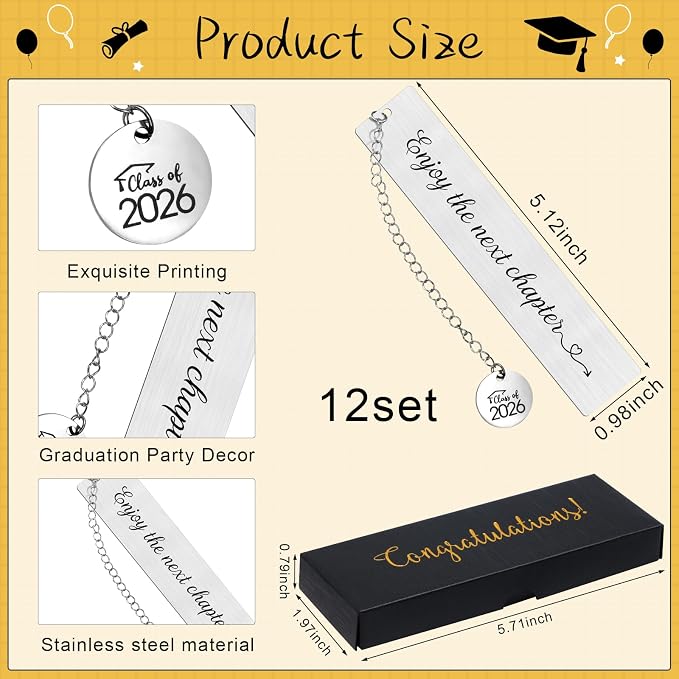 12set Graduation Gifts Bulk for Class of 2026 Students, Charm Bookmark with Gift Box Inspirational Grad Gifts for 2026 Senior High School Classroom Students Teacher Graduation Party Favors (Classic)
