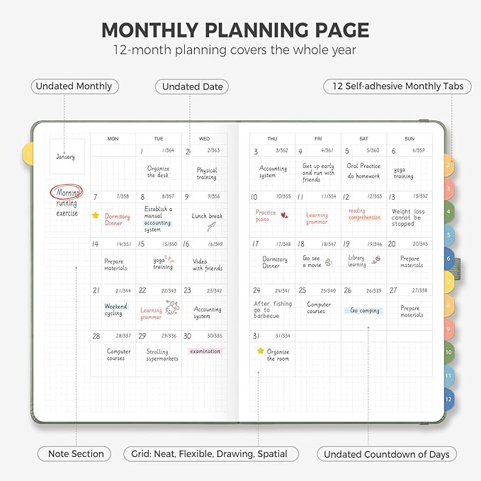 Undated Appointment Book, Hourly, Daily, 52 Weekly & 12 Monthly Planner, 6 AM - 8 PM, Medium Size (5.7" x 8.3"), Leather Hardcover, 12 Self-adhesive Monthly Tabs (Light Green)
