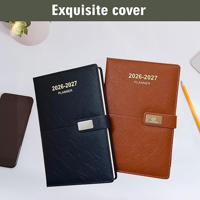 2026-2027 Daily Planner - One Page per Day, 2026-2027 Hourly Daily Calendar(July 2026 - June 2027), 5.7" x 8.26" Appointment Book, Leather Cover + Thick Paper (26-27 Brown)