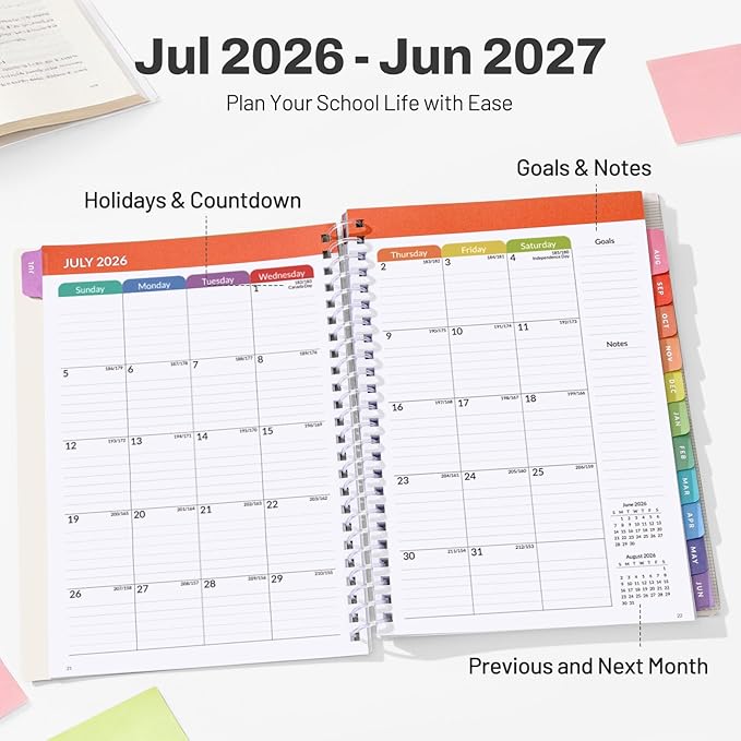 Student Planner 2026-2027, SUNEE Academic Weekly & Monthly Plan Book, Jul. 2026 - Jun. 2027, 6.5"×8.3" Middle & High School Planner, Lesson Plan Book with Week's Goals, Bookmark, Monthly Tabs, Black