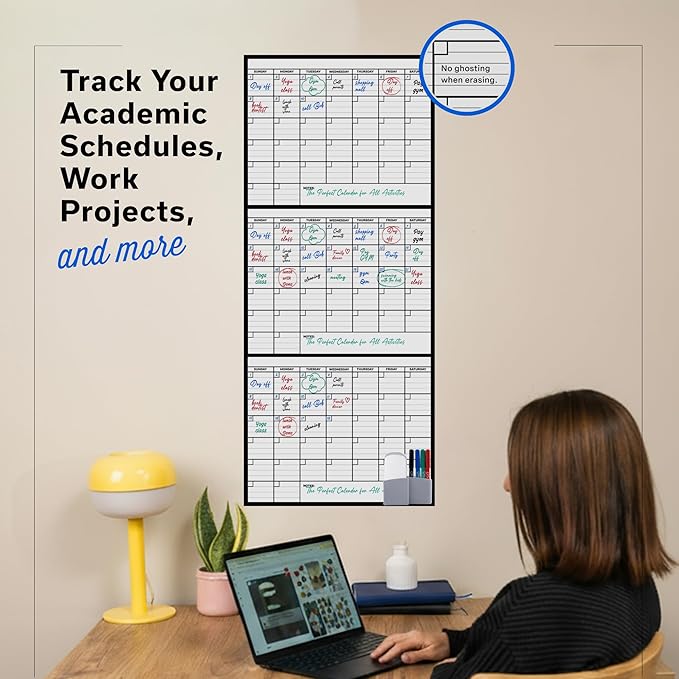 3 Month Dry Erase Calendar for Wall, 40x17, 3 Month Wall Calendar Dry Erase, Big White Board for Office, Home & School, Giant Erasable Whiteboard, Jumbo Monthly Undated Reusable White Board Planner