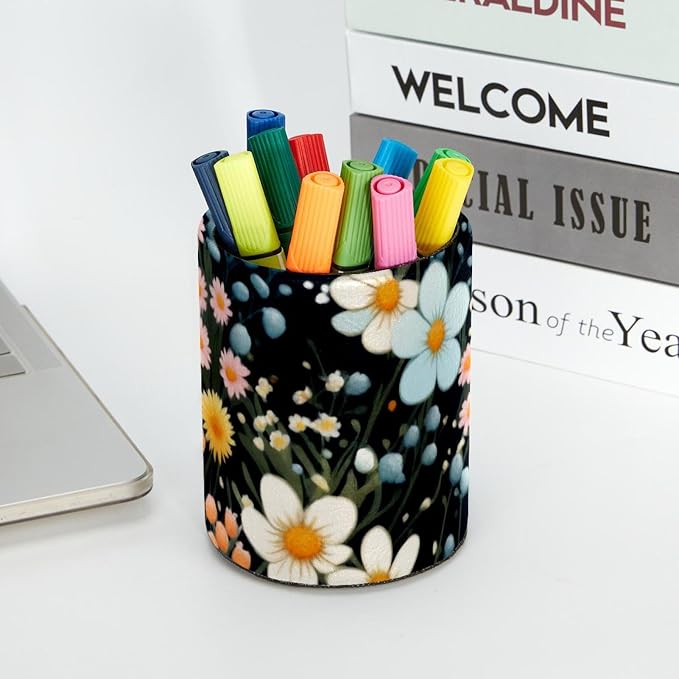 Pen Holder for Desk, Seamless Flowers Colorful Pattern Leather Pencil Cup for Desk, Round Pencil Holder Desk Organizer for Home, School, Office, Classroom