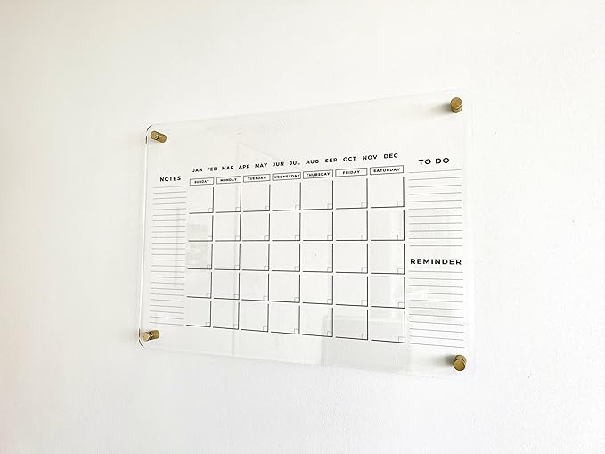Acrylic Dry Erase Monthly Wall Calendar with 3 Side Headers - Reusable Family Planner, Schedule Organizer Board, Housewarming Gift (Gold Standoff, 40"x28")