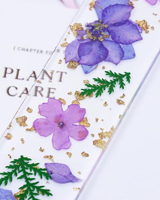 Penta Angel Dried Flower Resin Bookmarks Handmade Clear Pressed Floral Page Markers with Silky Tassel Reading Gift for Women Adults Graduation Valentine’s Day Christmas (Purple)