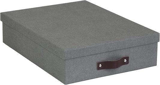 Bigso Oskar Canvas Fiberboard Document Letter Box - File Organizer Box for Important Paperwork - Document Storage with a Lid & Leather Handle - 3.3 in x 10.2 in x 13.8 in - Gray