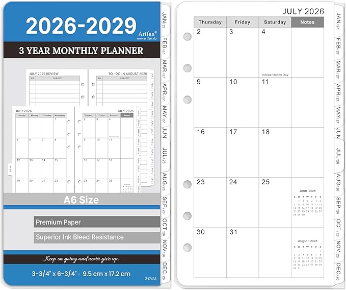 2026-2029 Planner Refills - A6 Planner Inserts with 6-Hole Punched, July 2026 - June 2029, 3 Year Monthly Planner Refills, 3-3/4" x 6-3/4", A6 Binder Inserts, 2026-2029 Monthly Planner with Tabs