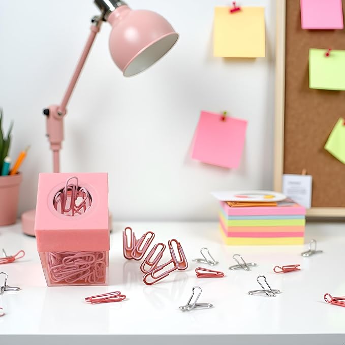 Pink Paper Cilp Dispenser Holder Clear Acrylic Paper Clip Organizers with Top Clip Holders for Desk Cute Office Binder, Office and School Supplies