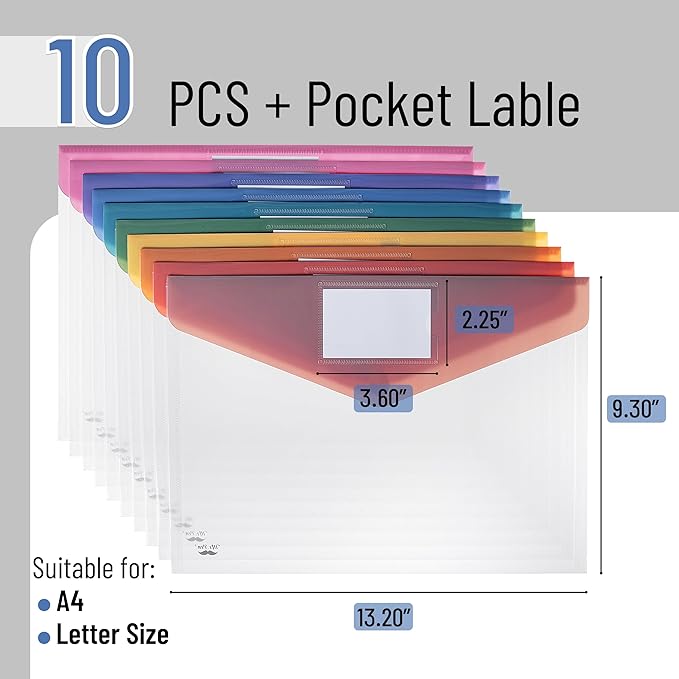 Mr. Pen- Clear Plastic Envelopes File Folders, 10 Pack, A4, Letter Size, Colorful Flaps, Clear Folders for Documents Plastic Poly Envelopes with Label for School, Home, Work, Office, Organizer
