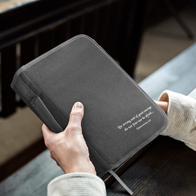 DEHITE Bible Cover Case for Men — Bible Carrying Cases for Men – Grey Large Size – Bag Fits Book 10,1 x 7 x 1.9 in – Pen Slots – Zippered Pocket – Premium Fabric – Christian Gift