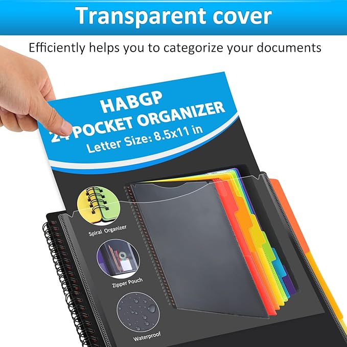 HABGP 24 Pocket Plastic folders with Pockets, 12 Colors Multi Pocket Folder Binder with Dividers, Office Organizer Folder Letter Size School Supplies
