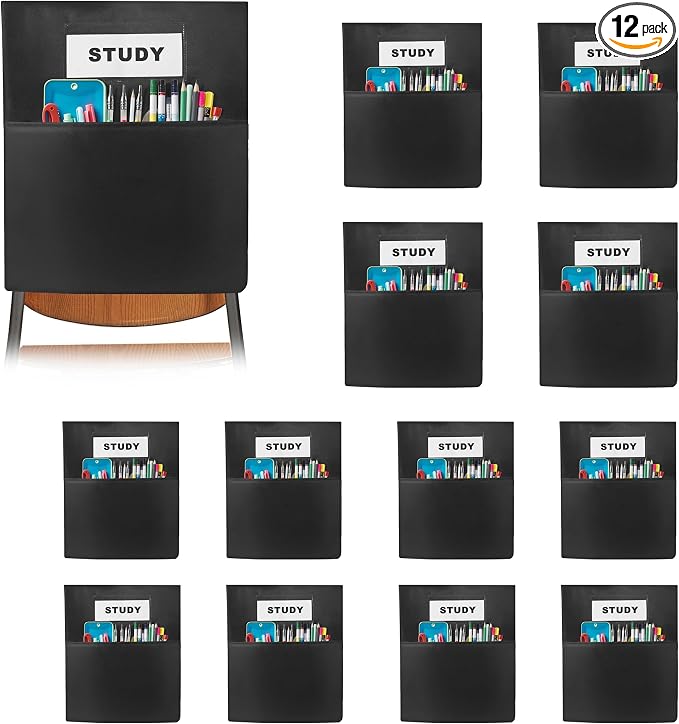 12 PCS Chair Pockets for Classrooms,19.5"x16.5" Seat Sacks for Classroom Chairs K-2, Classroom Student Chair Pockets for Kindergarten, Classroom,School, and Home Seating Storage，Black.