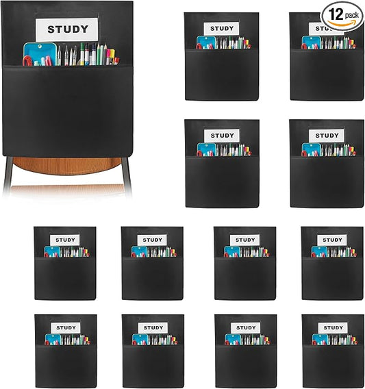 12 PCS Chair Pockets for Classrooms,19.5"x16.5" Seat Sacks for Classroom Chairs K-2, Classroom Student Chair Pockets for Kindergarten, Classroom,School, and Home Seating Storage，Black.