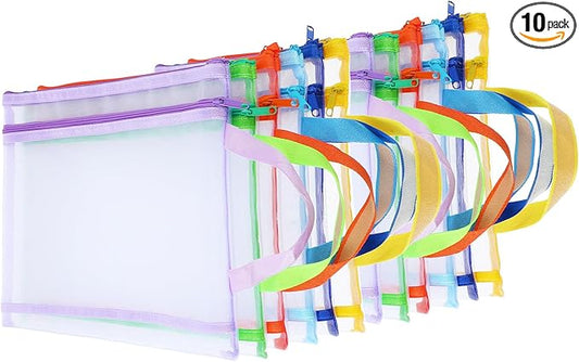 12 Pack Mesh Zipper Pouch Bags, Double-Layer Nylon Breathable See Through Storage Organizer with Handle, 6 Colors for Office Documents and Household Supplies Organization