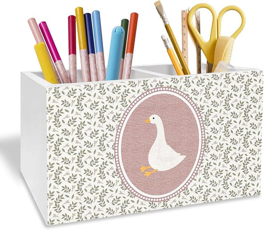 Goose Nursery Decor, Cottagecore Botanical Funny Goose Pen Pencil Holder for Desk, Geese Lover Gifts Wooden Box Sign Desk Decor for Kids Girls Room Nursery Playroom Decoration