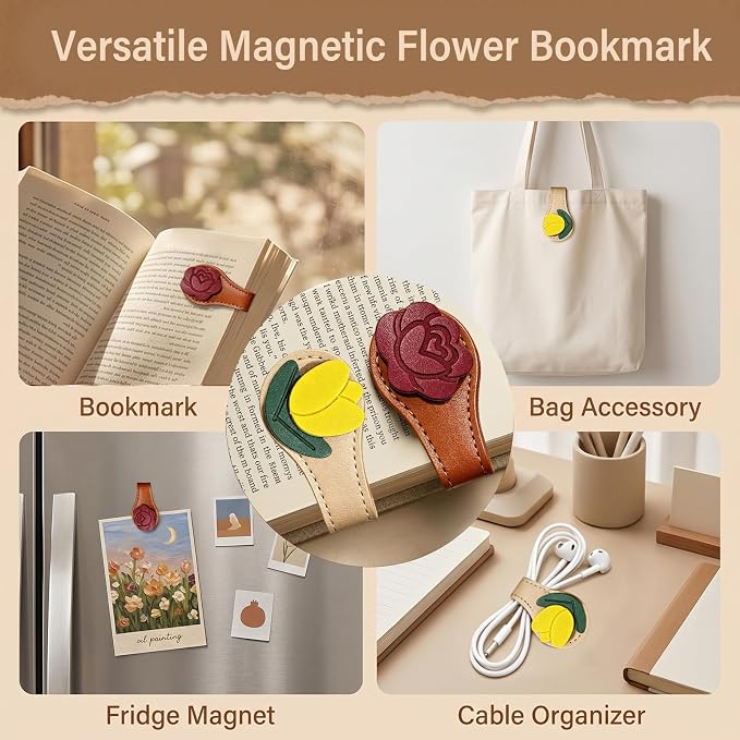 Gifts for Women Cute Flower Leather Magnetic Bookmarks for Women Vintage Book Marks for Reading Small Birthday Teacher Bookish Reading Book Lovers Gifts for Women Office Planner Book Accessories Clip