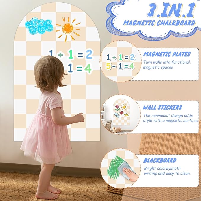Magnetic Chalkboard Wall Decal 24''x40'' Arch - Removable Reusable Peel and Stick (No Wall Damage) Extra Strong Magnetism - Easy Clean Chalkboard for Home Office Playroom (Beige White Checker)