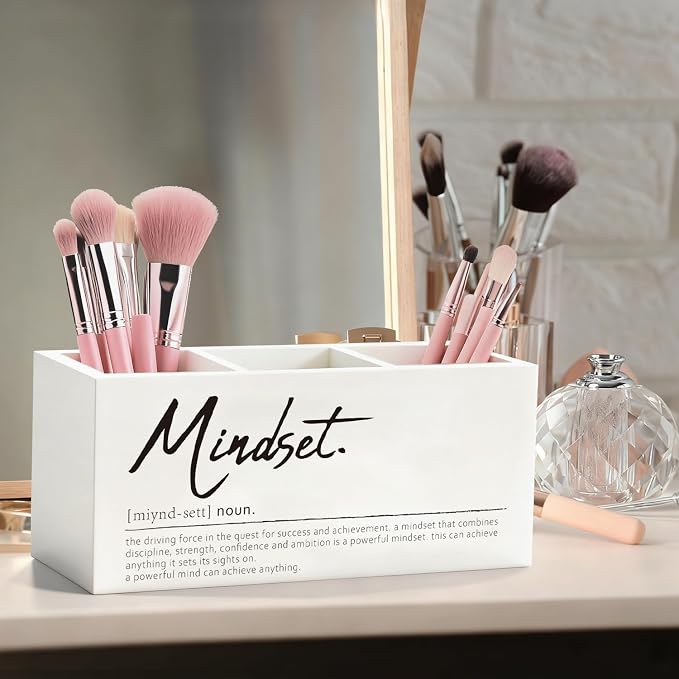 Inspirational Pen Pencil Holder, Motivational Gifts for Women Men Wood Desk Organizer and Accessories, Mindset Definition Pen Holder Desk Organizer for Office Tabletop
