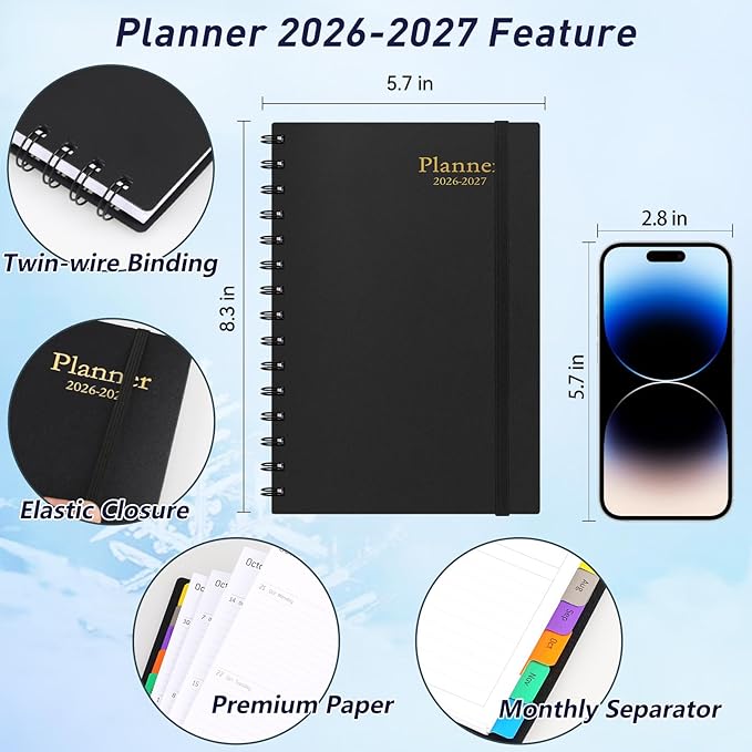 Daily Planner 2026-2027, 18-Month Weekly and Monthly Calendar Planner, Jan 2026 - Jun 2027, 5.7" x 8.3", Flexible Cover, Wirebound, Laminated Tabs, Black