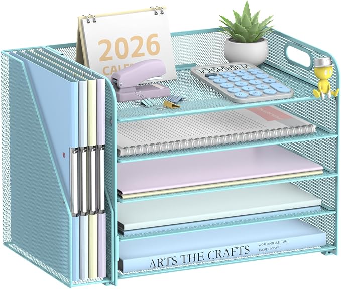 SUPEASY 5-Tier Desk Organizer with File Holder, Desk Organizers and Accessories, Paper Organizer for Desk, Mesh Desktop File Organizer, Workspace Organizers for Office School Home, Blue