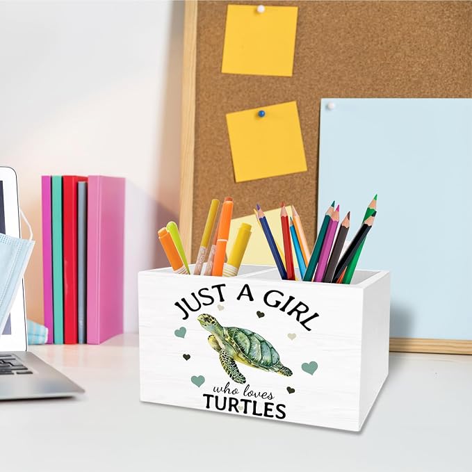 Coastal Beach Sea Turtle Pen Holder for Desk, Gifts for Turtle Lovers Pencil Organizer, Just a Girl Who Loves Turtles Wooden Box Sign Desk Decor for Home Office Decoration