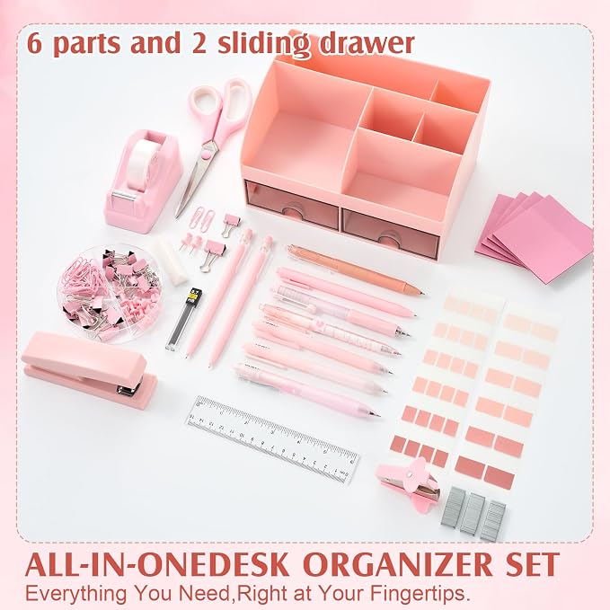 Eersida Office Desk Accessories Supplies, 26 Pcs Desk Organizer with Tape Dispenser, Stapler, Staple, Staple Remover, Scissor, Ruler, Sticky Tabs, Tape, Ballpoint Pen, Pencil, Clips for School(Pink)