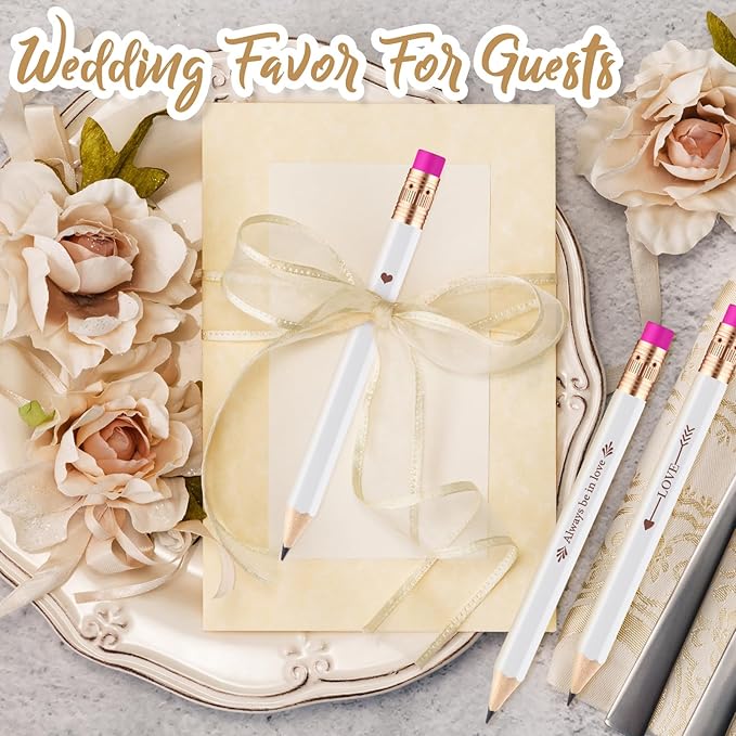 Crtiin 50 Pcs Bridal Shower Pencils Half Golf Wedding Pencils with Eraser 4 Inch Short Pocket Pre Sharpened for Wedding Game Bridal Shower Presents Classroom School(White and Rose Red)