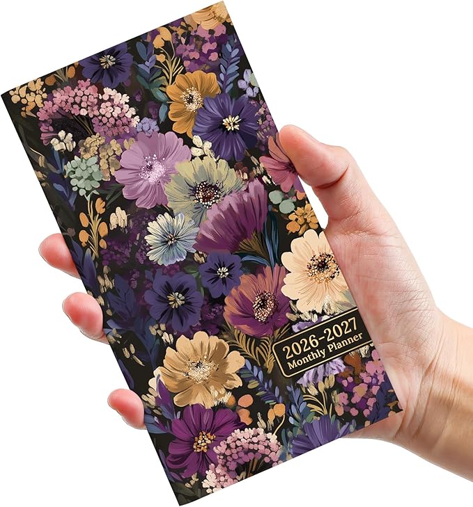 Pocket Calendar 2026-2027 for Purse, Two Year Monthly Planner Pocket Size 6.5" x 3.5", Jan 2026 - Dec 2027 Monthly Planner Small Calendar for School, Work and Home - Midnight Bloom