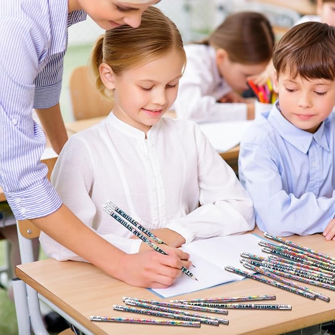 Tenceur 100 Pcs Star Student Motivational Pencils with Erasers Bulk 7.3 Inches Incentives Recognition Education Award Prize for Teacher School Classroom Reward Supplies