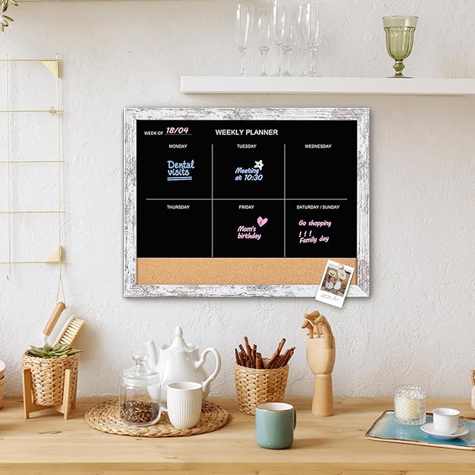 ZHYL Magnetic Weekly Calendar & Memo Board, Combination Chalkboard & Cork Board, Whitewashed Wood Framed Calendar (ZHYL-WH,4333)