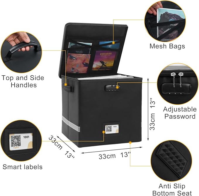 Medium Next of Kin Box Organizer with Smart Labels, Fireproof Foldable File Organizer with Combination Lock, 10 Hanging Files and 20 Category Labels for Label Documents,(M:13 * 13 * 13in)