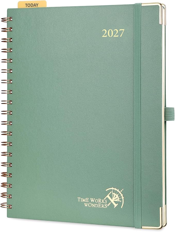 POPRUN 2027 Planner Daily Weekly and Monthly Calendar with Hourly Schedule, Monthly Tabs(Large Size 10'' x 8'' Wire-Bound Hard Cover) - Agenda 2027 (Jan.2027-Dec.2027) - Midnight Green