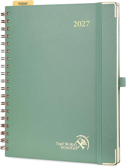 POPRUN 2027 Planner Daily Weekly and Monthly Calendar with Hourly Schedule, Monthly Tabs(Large Size 10'' x 8'' Wire-Bound Hard Cover) - Agenda 2027 (Jan.2027-Dec.2027) - Midnight Green