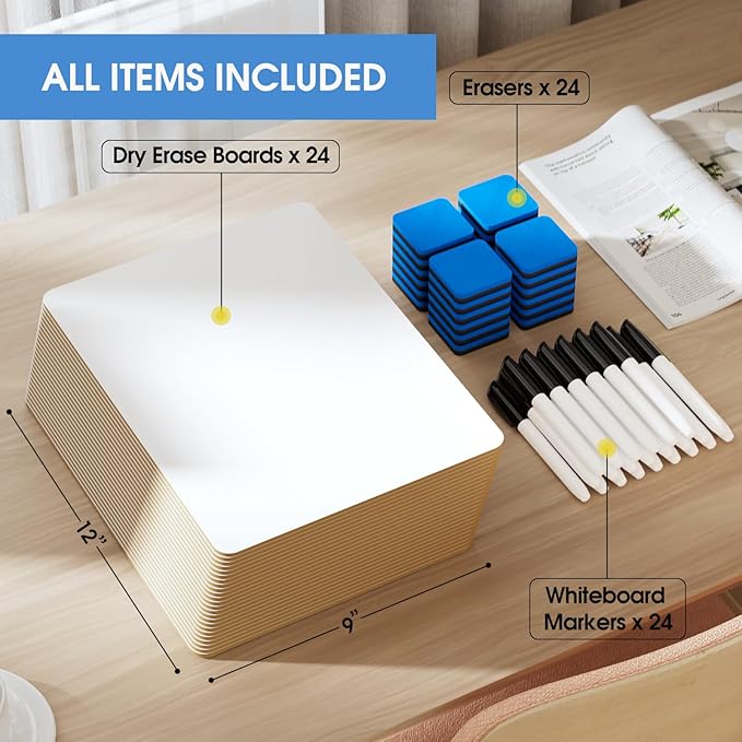 MaxGear Small White Board 24 Pack Dry Erase Boards, 9''x 12'' Mini Whiteboard Double Sided Portable Whiteboards for Students and Teachers School Supplies Lapboards Including 24 Markers and 24 Erasers