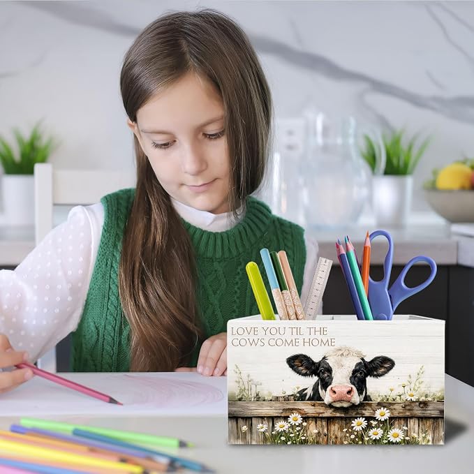 Farmhouse Daisy Floral Cow Pen Holder for Desk, Cow Lover Gifts Pencil Organizer, Love You Til the Cows Come Home Wooden Box Sign Desk Decor for Kids Girls Room Nursery Decoration