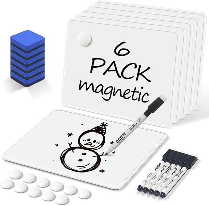 Magnetic Dry Erase Boards, 6 Pack 9 x 12 Inch Double Sided Portable Personal Small Whiteboards, Include 6 Markers, 6 Erasers, 12 Magnets for Kids, Students, Teachers Classroom School Supplies
