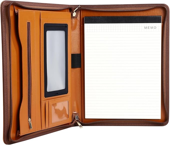 Pro PU Leather Padfolio - 10.1" Business Portfolio Organizer with Tablet & Phone Pocket, Zippered Document Holder, Card Slots & Writing Pad | Executive Gift for Professionals (Orange)