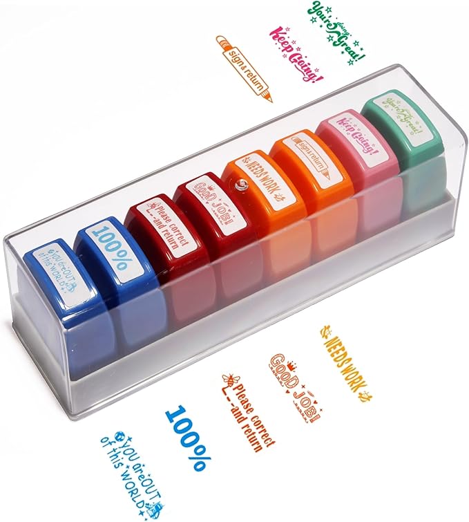 Teacher Stamps for Grading 8-Pack Self-Inking Teacher Stamp School Stamp for Homework Reward Grade Papers Motivate Students