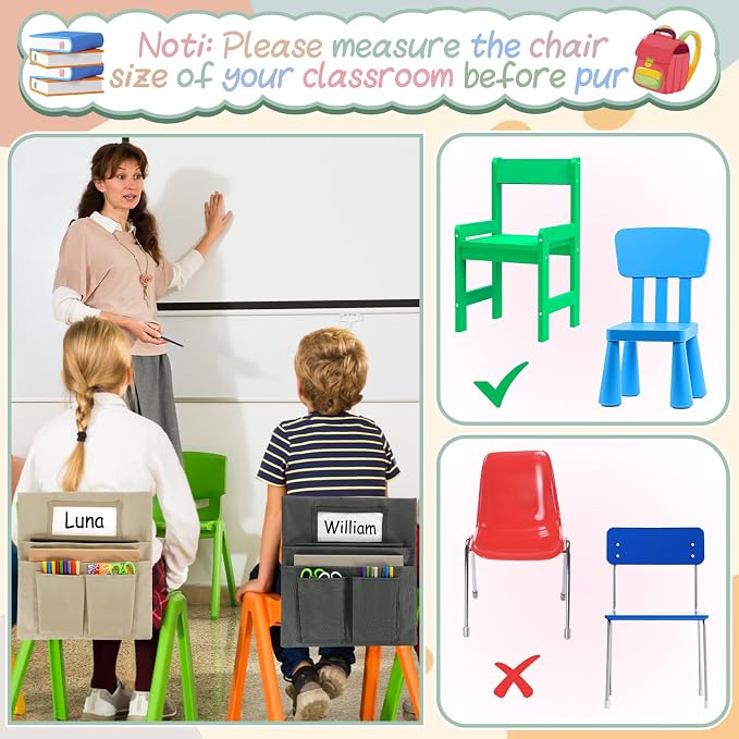 gisgfim 12 Pcs Small Chair Pockets for Classroom 13 x 14 Inch Bag with Name Tag Multi Pockets Chairsback Pouch Organizer for Student Kindergarten Elementary Daycare (Earth Color)