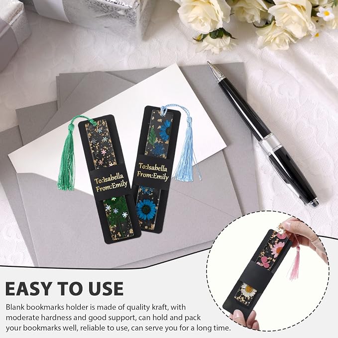Fumete 50 Pieces Resin Bookmark Holder 5.9 x 1.8 Inches Kraft Bookmark Sleeves DIY Bookmarks Display Cards for Wrapping Small Business Packaging Supplies Party Favor Gift (Black, Cute)